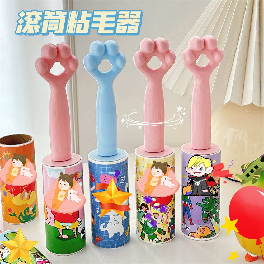 Factory direct sale of candy-colored cartoon cat paw handle lint remover, customizable for foreign trade, 1-shaped lint roller for hair removal