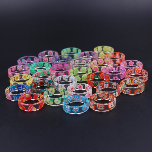  Fruit Strawberry Resin Soft Clay Cartoon Ring Colorful Cute Transparent Small Ring Sakura Petal Women’s Ring