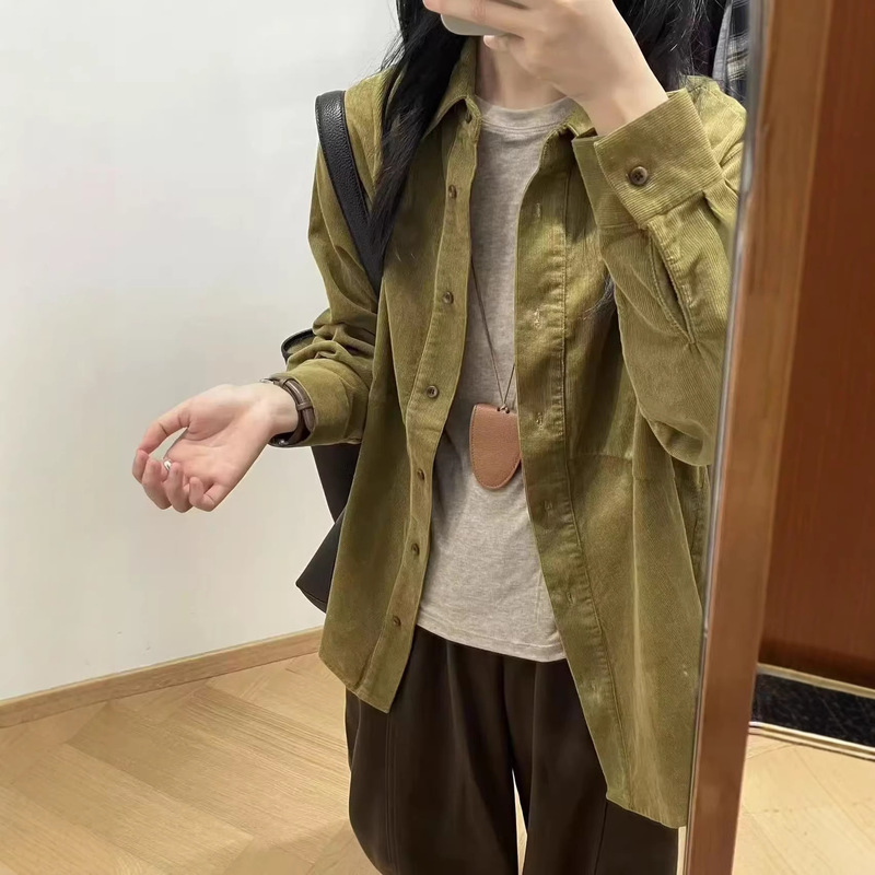 Niche Design Long-Sleeved Shirt for Women, New Spring and Autumn Style, American Retro Corduroy Shirt, College Style Top, Ins