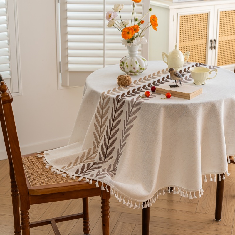 Feiyang Round Tablecloth, Fresh Embroidered Tablecloth, Off-White High-End Tablecloth, Cover Cloth, Rectangular Tassel Tablecloth
