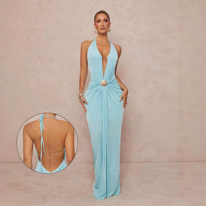 G25D141-Niche Design, Beautiful French Style Royal Sister V-Neck Small Fragrant Style Seaside Vacation Halter Dress