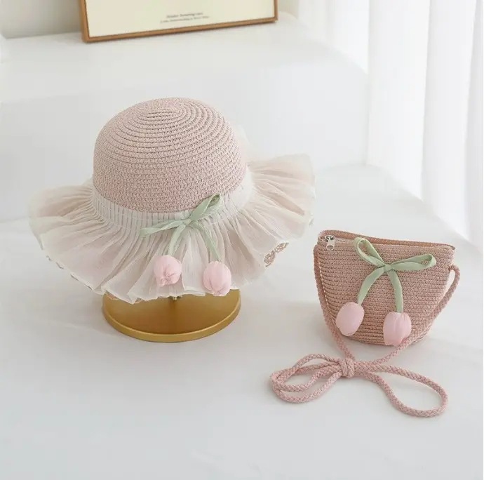 Sombrero de paja para niña de verano Estilo de verano Princesa Playa Protector solar Sombrero grande Sombrero de pescador de tulipán Sombrero de paja