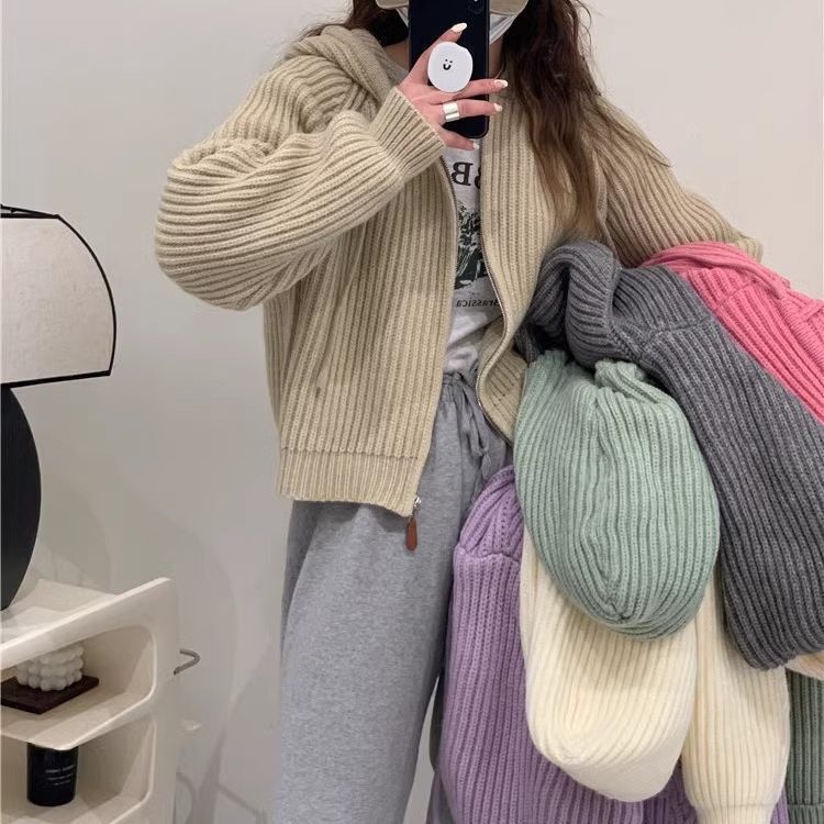 Autumn and Winter Korean Style Hooded Thick Soft Waxy Sweater Jacket Women's Pit Strip Pure Color Zipper Knitted Cardigan Short Top Trendy Autumn and Winter Korean Style Hooded Thick Soft Waxy Sweater Jacket Women's Pit Strip Pure Color Zipper Knitted Cardigan Short Top Trendy