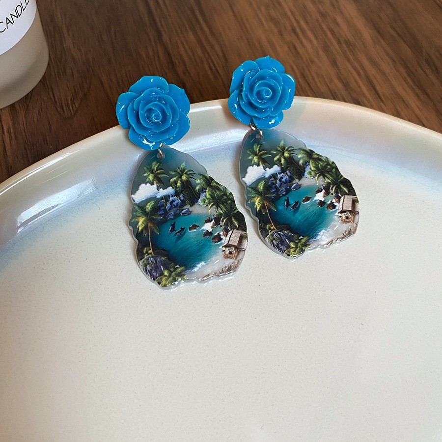 Pendientes de girasol de pintura al óleo francesa con aguja de plata, diseño creativo, pendientes de flamenco, pendientes de estilo artístico estético transfronterizo
