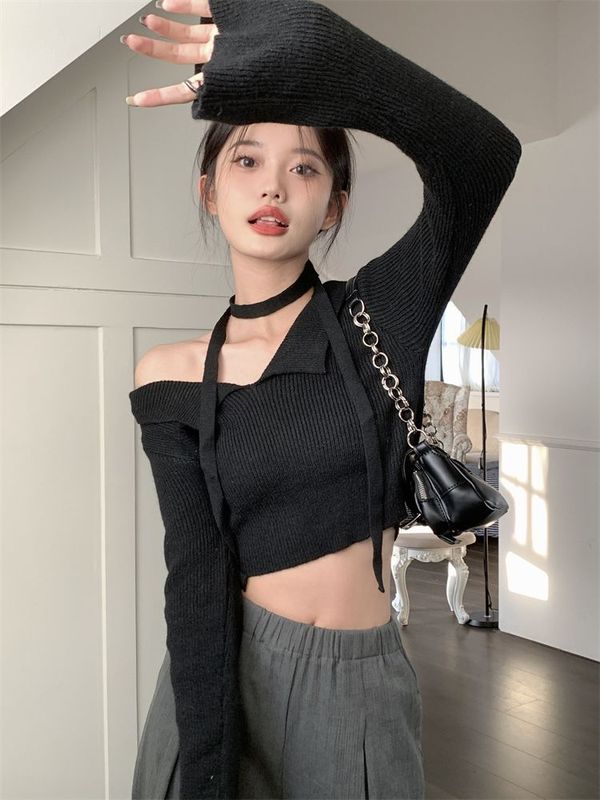 辣妹短款露肩长袖针织衫女秋季纯欲修身显瘦毛衣小众别致洋气上衣|undefined