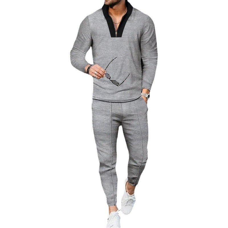 Traje de cuello alto con costuras de manga larga de gofres transfronterizos Ropa deportiva con media cremallera de moda casual de alta gama para hombres
