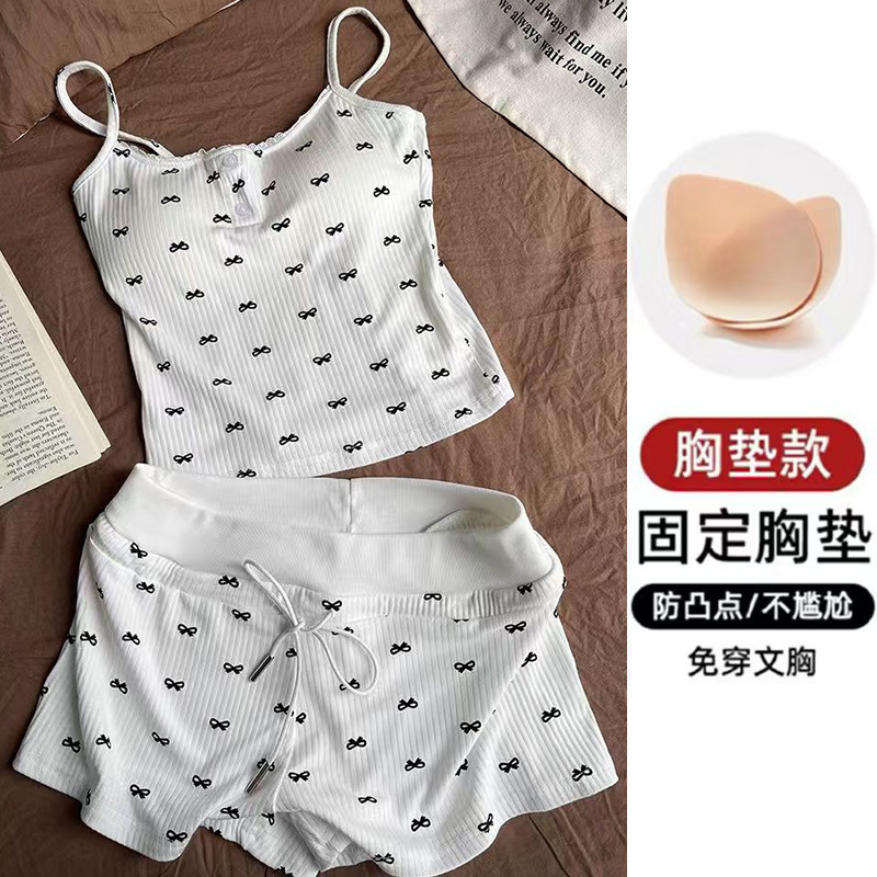 New Foreign Trade Summer Camisole Shorts Pajamas for Women, Comfortable with Chest Pads, Ice Silk Ribbed Loungewear Set for Women, Cross-Border New Foreign Trade Summer Camisole Shorts Pajamas for Women, Comfortable with Chest Pads, Ice Silk Ribbed Loungewear Set for Women, Cross-Border