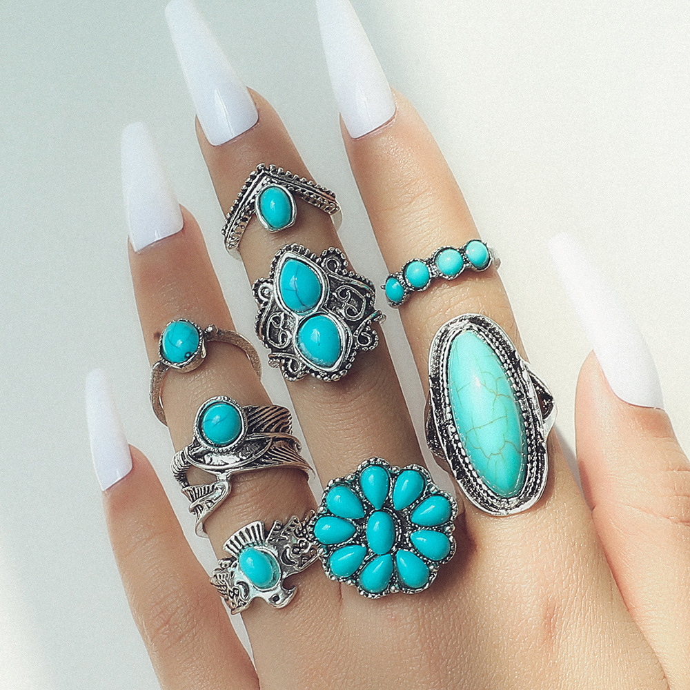 Exaggerated Ethnic Style Cool Style Leaf Round Snake Alloy Plating Inlay Turquoise Women's Rings display picture 29