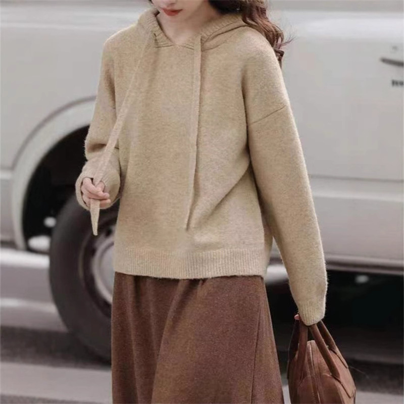 跨境连帽套头毛衣女2025春秋新款韩版宽松慵懒风针织衫长袖女上衣|undefined