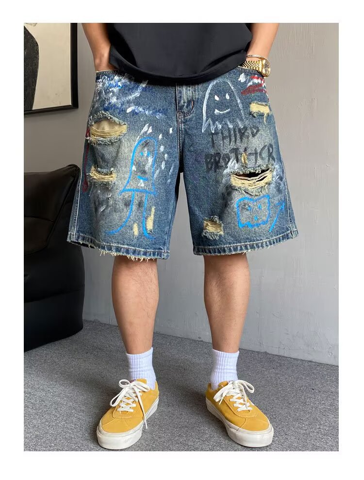 Hand Painted Graffiti Print Ripped Denim Shorts American Style High Waist Loose Fit Five Point Summer Fashion Kpop Casual Jeans_viptrois.com