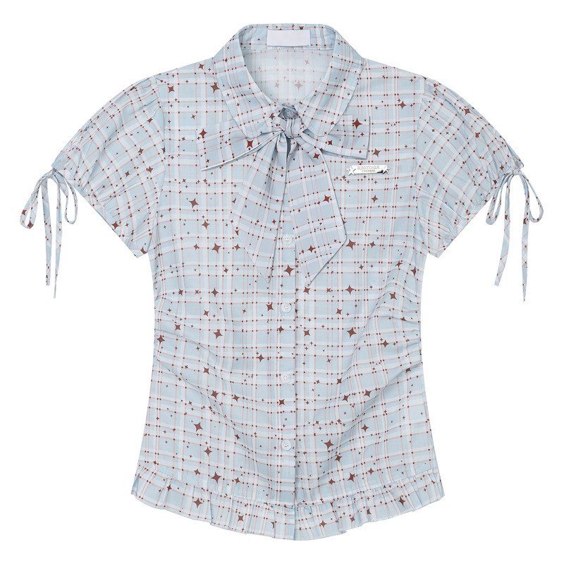 Korean-Style College Fashion Star-Patterned Bow Tie Short-Sleeve Shirt for Women, Summer Niche Waist-Cinching Trendy Blouse