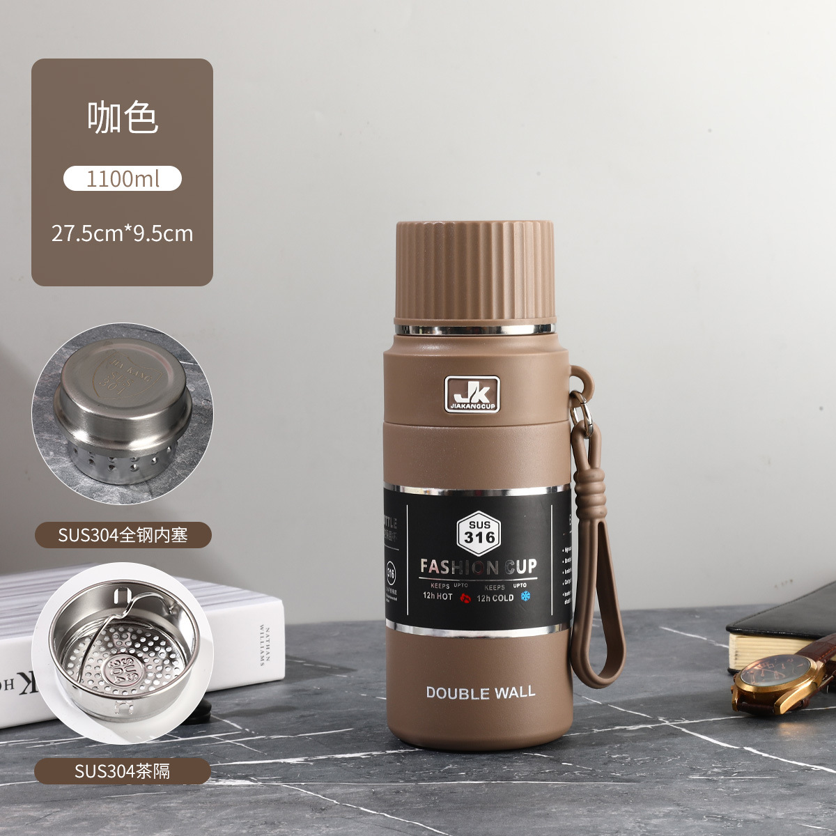 Taza de aislamiento térmico de acero inoxidable comercial con taza de agua al aire libre de gran capacidad para hacer té con tapa para beber hervidor de agua montado en automóviles