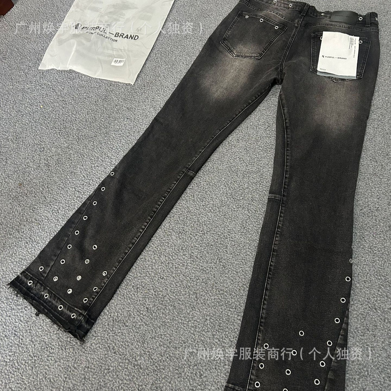 High Street Black Flared Jeans with Eyelet Holes, Foreign Trade P Brand New Stretch Pu Men's New Temu Pants
