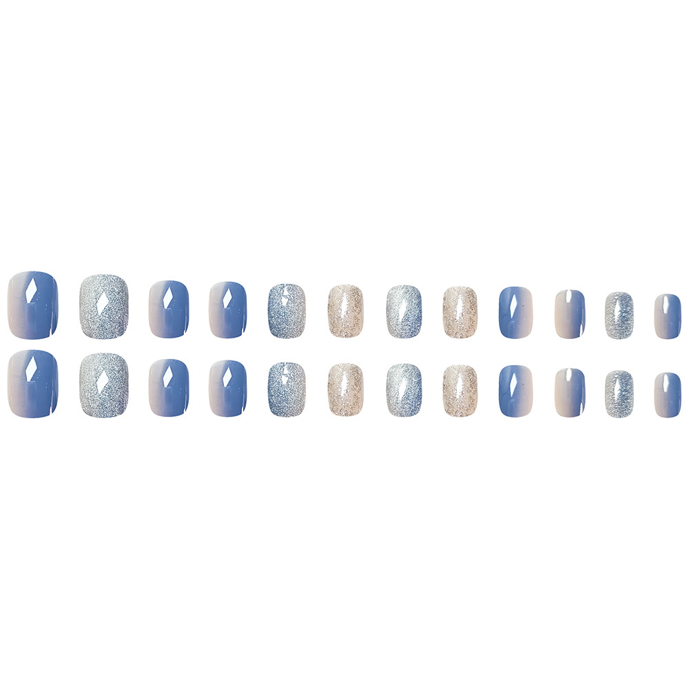 Comercio exterior otoño y invierno gradiente ojo de gato usar uñas azul y blanco brillante sensación de atmósfera de uñas 24 piezas de uñas falsas más vendidas