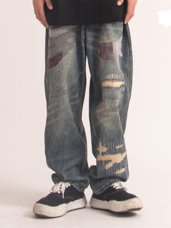 American Style High Street vibe Style Retro Distressed Washed Ripped Patch Jeans Trendy Brand Men's and Women's Loose Straight Pants American Style High Street vibe Style Retro Distressed Washed Ripped Patch Jeans Trendy Brand Men's and Women's Loose Straight Pants