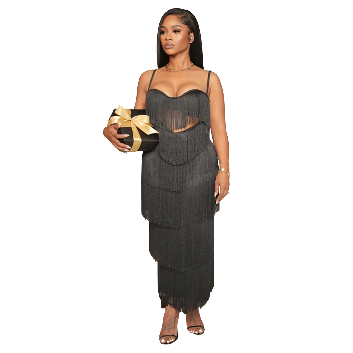 C7431 Cross-border AliExpress Amazon Vestido largo de borla con tirantes sexy para mujer de moda europea y americana
