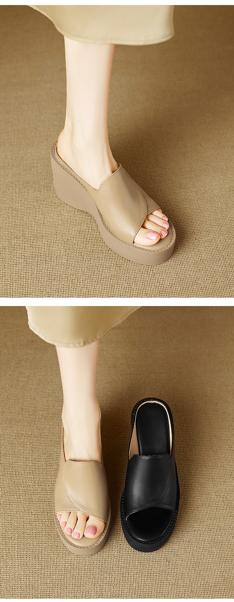 Dép sandal nữ quai chữ V đế xuồng cao gót 9 cm da bò mũi cá — đen chi tiết 1