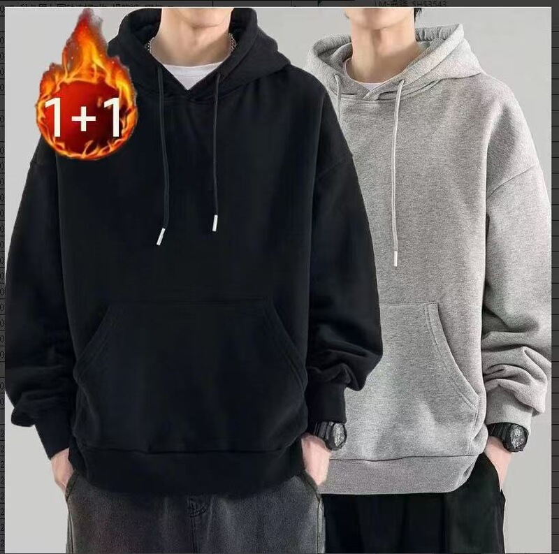 Men's hooded sweatshirt in Hong Kong style, autumn and winter fleece-lined, gray versatile basic hooded jacket, trendy hoodie