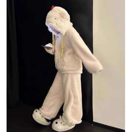 300斤大码HelloKitty毛绒连帽睡衣冬季新款家居服珊瑚绒加厚套装