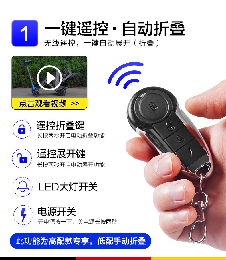 Cross-border export of high-end, new-model electric mobility scooters for seniors, featuring smart folding and four-wheel drive, suitable for travel and equipped with a battery