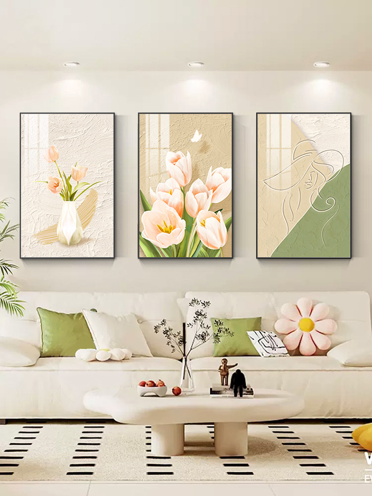 花開荼蘼客廳裝飾畫北歐簡約三聯畫小清新花卉掛畫沙發背景牆壁畫