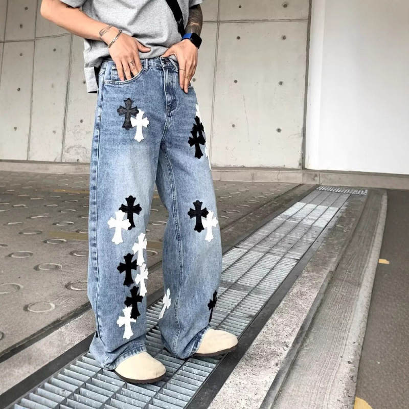 Cross-Border American-Style Leather Label Cross Jeans, Artistic Ins Trendy Popular Lazy Harajuku Fashion Jeans for Men