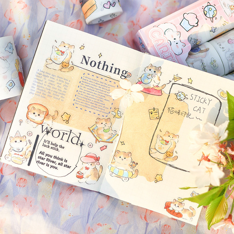 Impresión de gato y cinta de papel, caja de bricolaje, pegatinas de diario de cuentas de mano, pegatinas de gato de animales de dibujos animados retro transfronterizos