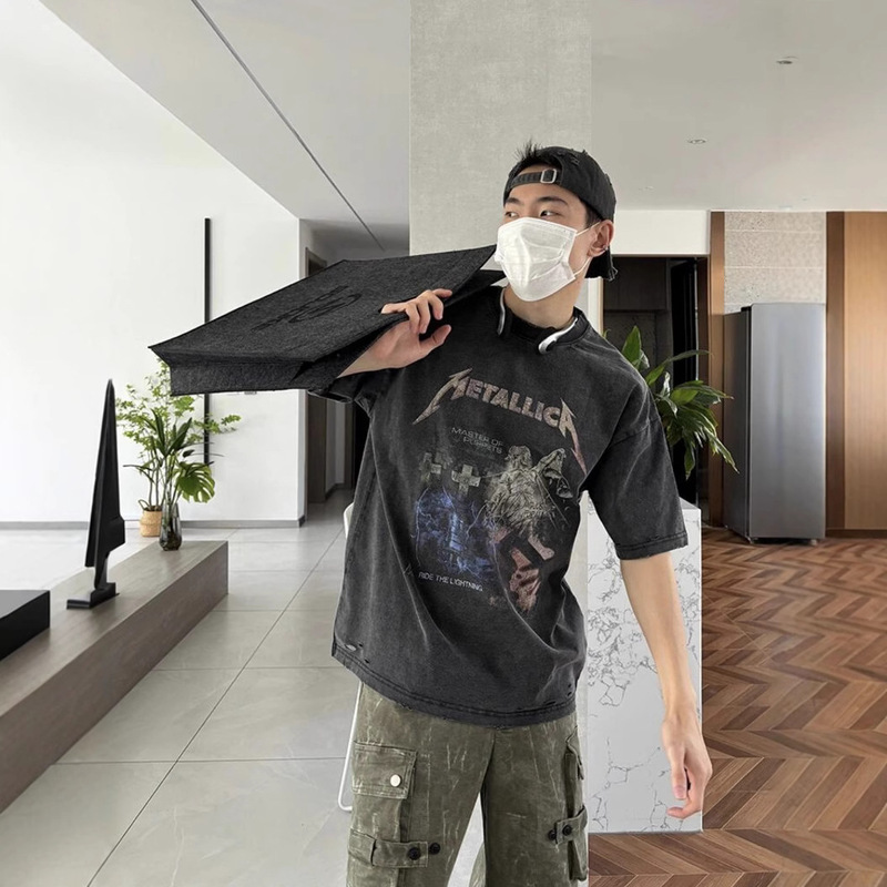 Metallica Rock Band American Summer Washed Old Vintage Short Sleeve High Street Loose Casual Pop T-Shirt