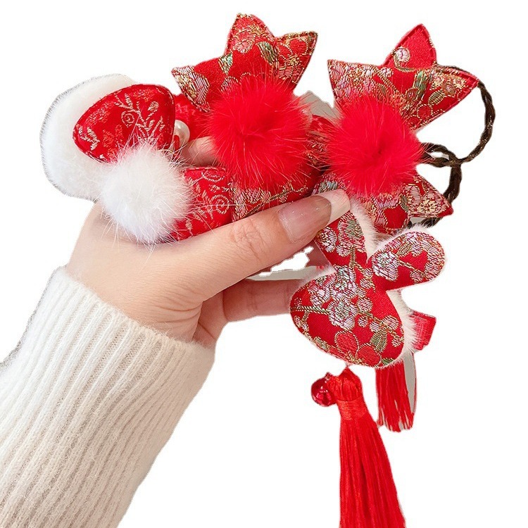2023 niñas lindo conejo horquilla borla horquilla BB clip accesorios para el cabello rojo Año Nuevo lado clip accesorios para el cabello tocado
