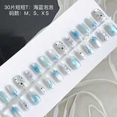 8月新款海藍泡泡穿戴甲成品貓眼甲條30片分碼穿戴美甲貼片卡通