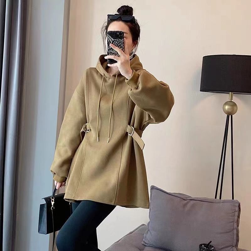 Hooded Solid Color Mid-length Drawstring Sweater Women's Autumn and Winter Fashionable Slimming Waist Base Shirt Pullover Top