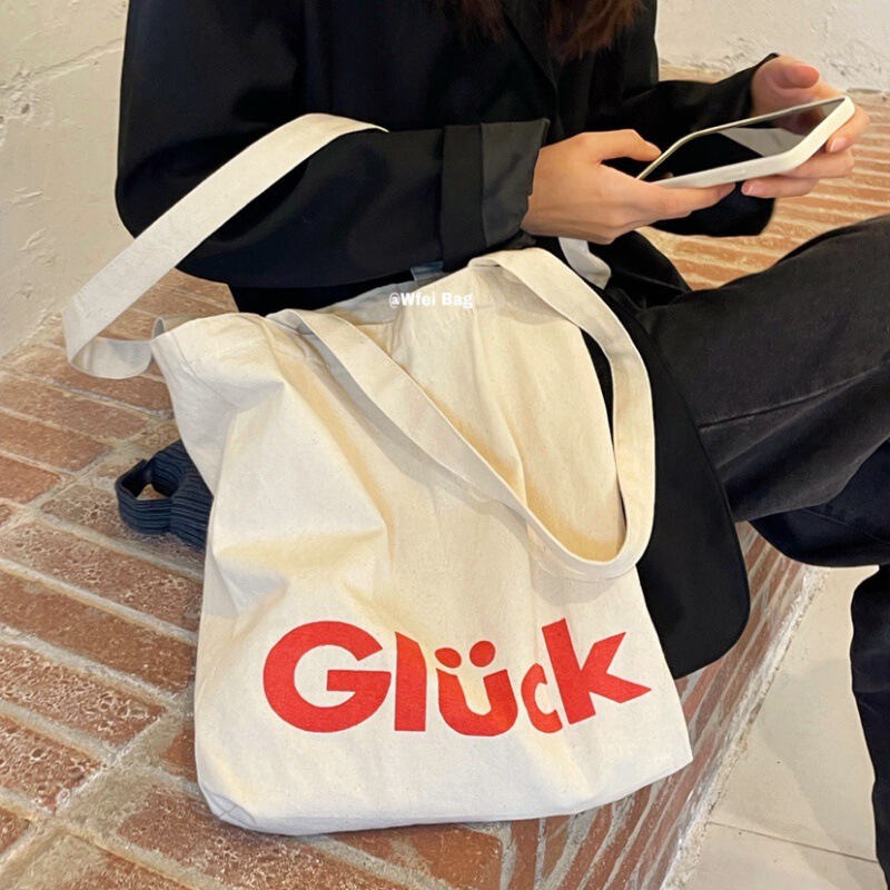 Nordic Style Vintage ins Letters Canvas Shoulder Bag Tote Bag Glück Good Luck Girl Artistic Schoolbag Customized Nordic Style Vintage ins Letters Canvas Shoulder Bag Tote Bag Glück Good Luck Girl Artistic Schoolbag Customized