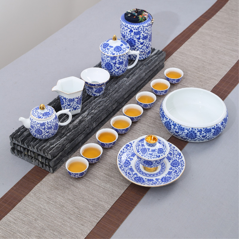 静雅 Blue and white tea set for home use, ceramic teapot, tea cup