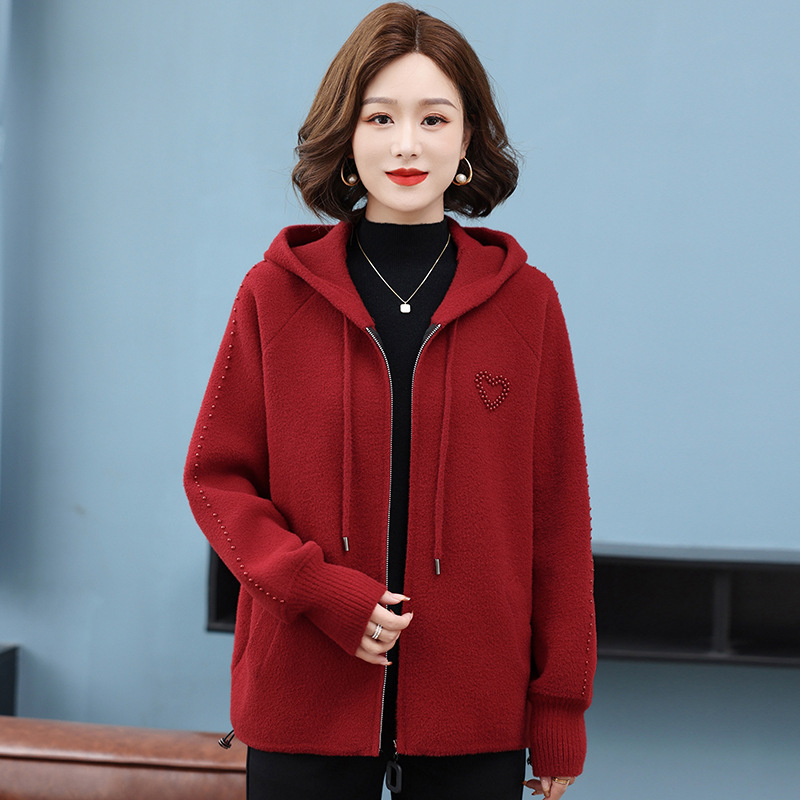 连帽针织开衫女春秋2025新款宽松遮肚呢子外套超好看拉链毛衣外搭，女装针织衫/毛衣，妃慕昵服饰