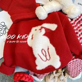 女童秋冬装加厚毛衣2022新款红色儿童洋气兔子针织衫宝宝圆领上衣