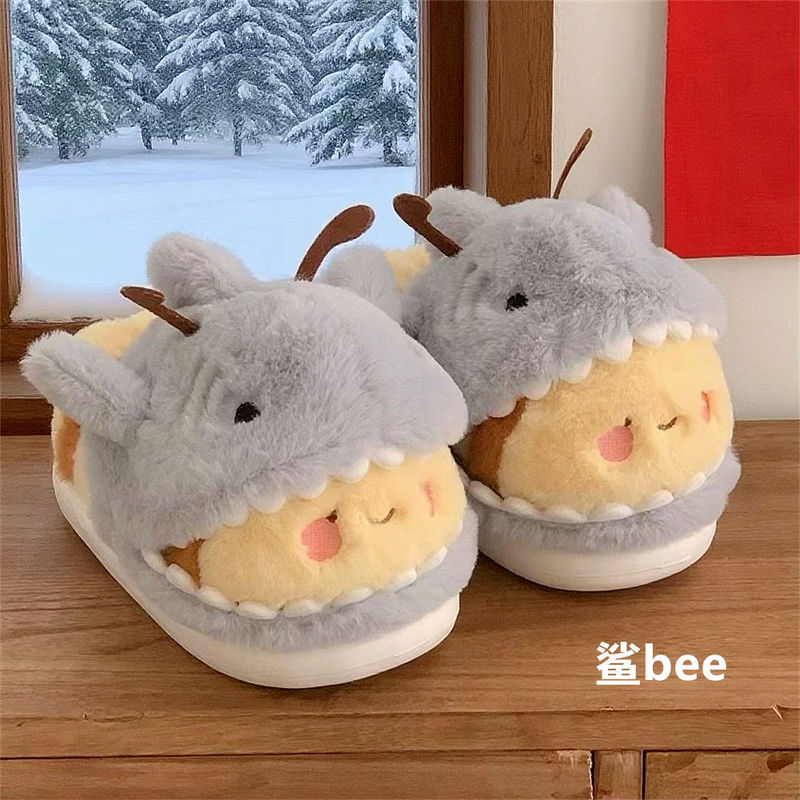 Fun and Cute Shark Bee Men and Women Winter Shark Bee Cotton Slippers Warm Bag Heel Ins Style Couple Furry Shoes