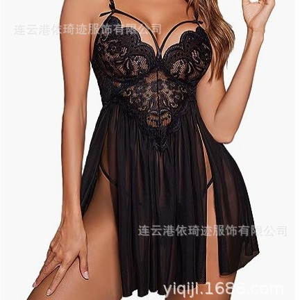 Comercio exterior europeo y americano sexy lencería sexy encaje malla costura Correa split pecho expuesto vestido camisón al por mayor