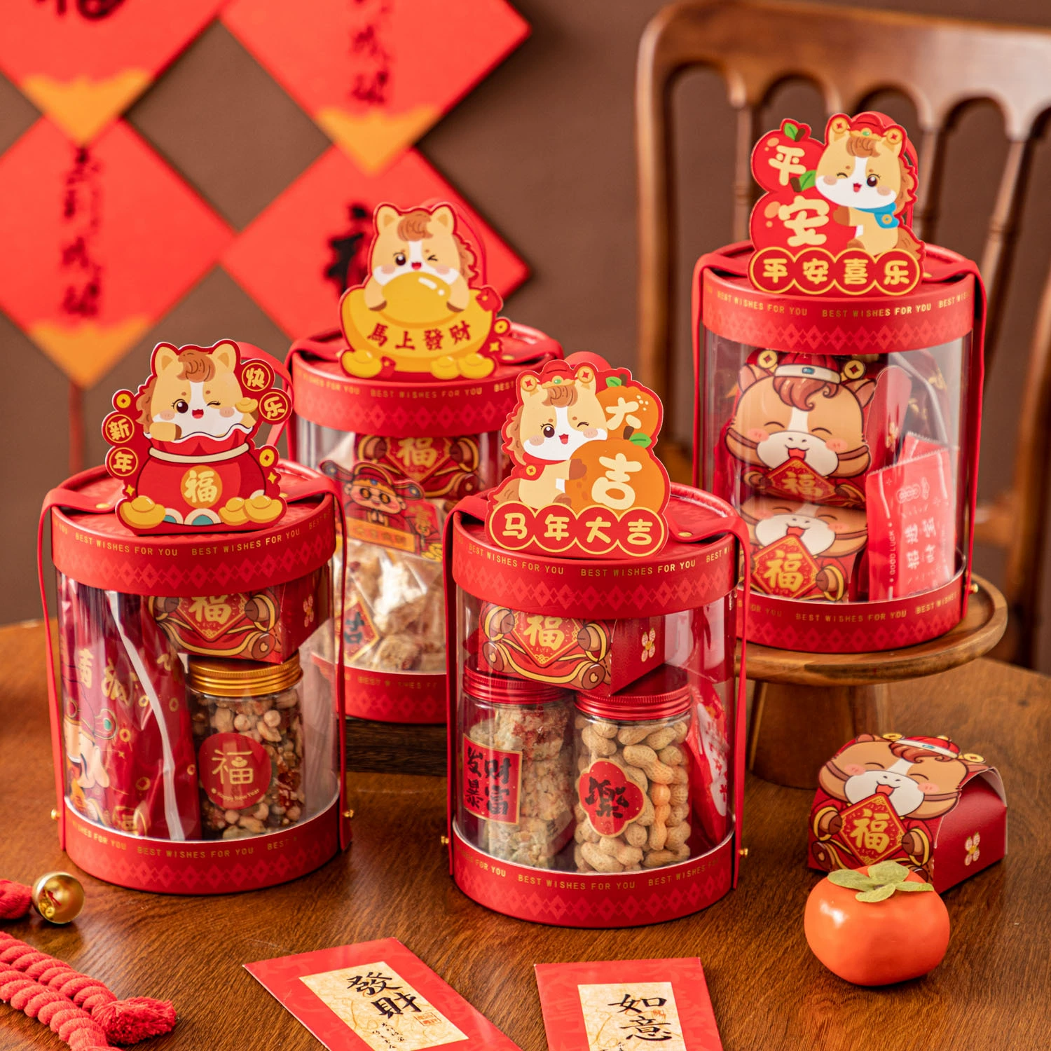 Подарочная коробка «Год Лошади», пустая, новогодняя упаковка, красная подарочная коробка с ручкой, сувенир, 2026, прозрачный короб-ведро