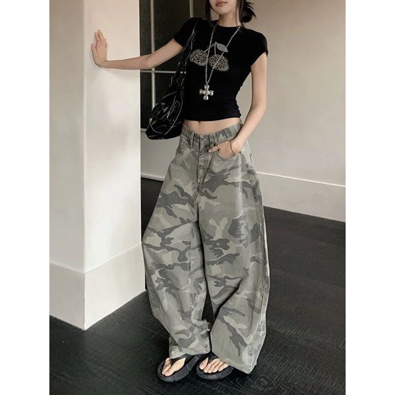 Petite American Retro Camouflage Workwear Wide-Leg Jeans for Women, High-Waisted, Loose-Fitting, Slimming Straight-Leg Pants, Floor-Length Trousers