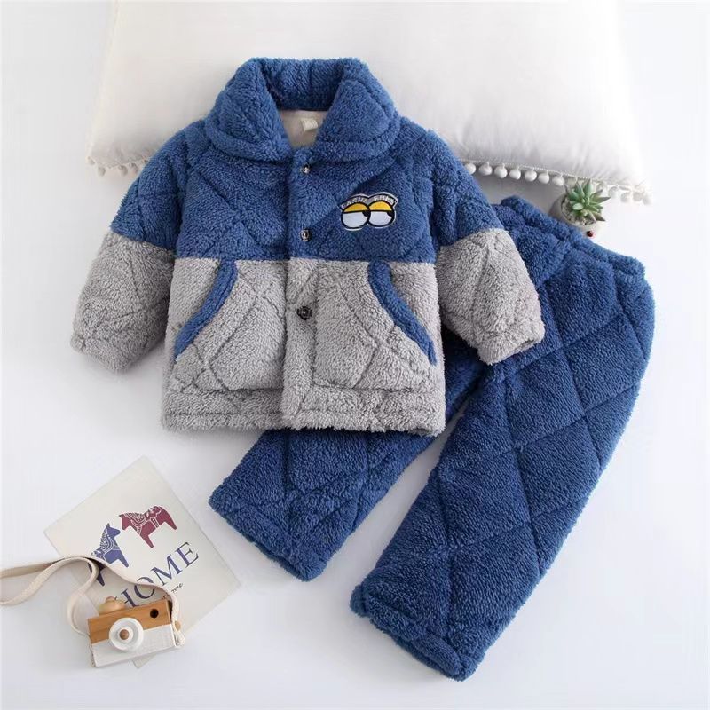 冬季可爱男女童加厚三层夹棉睡衣法兰绒儿童拼色棉袄家居服套装