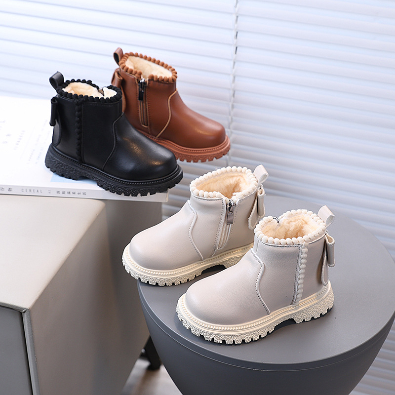2025 Winter Korean New Style Velvet Kidsren's British Short Boots Girls Side Zipper Fashionable Soft Sole Durable Leather Boots