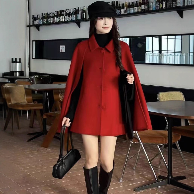 New Year's Coat 2025 Fox Fur Collar 100% Wool Coat Cloak Cape Upgraded Version High-End Woolen Jacket
