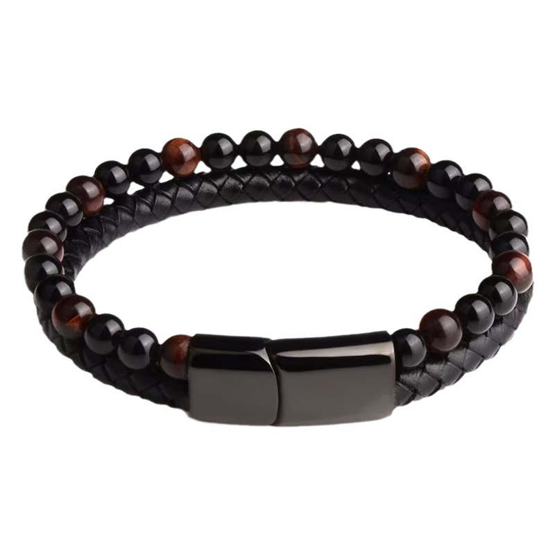 Longhe nuevos hombres europeos y americanos de aleación de cuero cuerda pulsera de piedra natural doble piedra de ojo de tigre piedra volcánica pulsera de cuentas