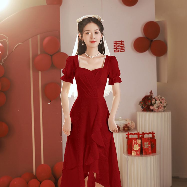 新娘订婚敬酒服2023秋季新款红色法式回门小个子简约礼服工厂货源