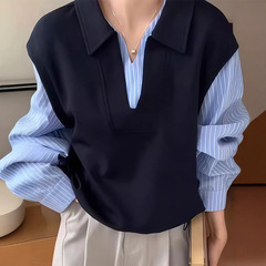韩版时尚百搭宽松显瘦POLO领假两件条纹拼接衬衫上衣女2025秋新款