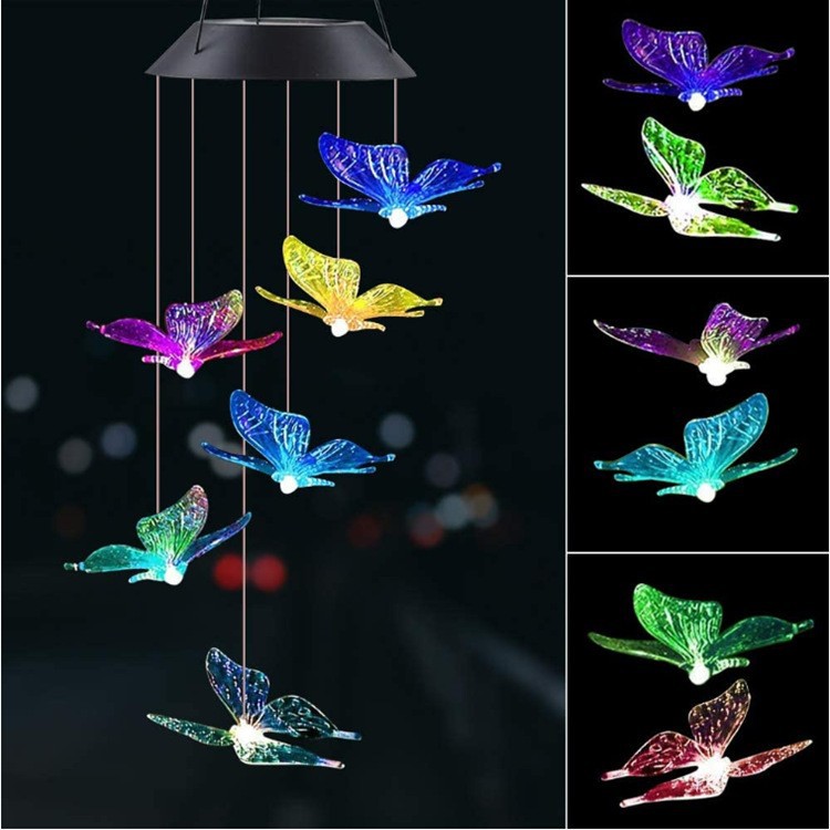 Solar Powered LED Wind Chime With Seven Color Gradient Hummingbird And Butterfly Design EVA Ball For Patio Outdoor Decorations Christmas Gifts_voghion.com