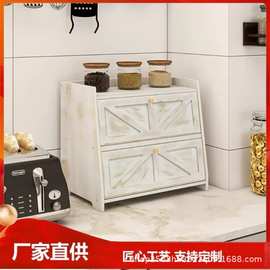 木质面包箱双层复古风格收纳箱厨房台面面包存储盒面包箱