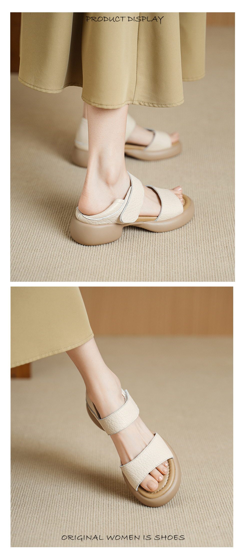 Sandal nữ hở mũi gót vuông 4 cm quai ngang đế dày chất liệu da dê — đen chi tiết 7