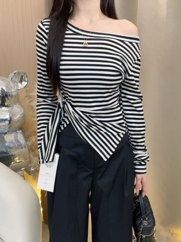 韩系条纹不规则开叉斜肩长袖T恤女装早秋季收腰设计感别致上衣潮|undefined