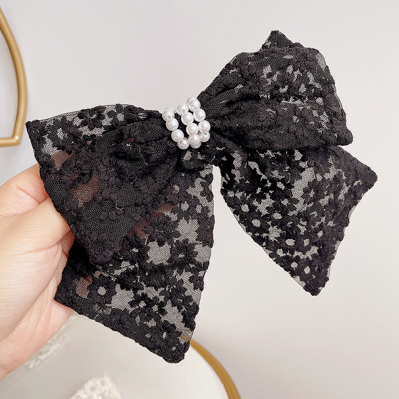 Korean Retro Fabric Lace Pearl Bow Spring Clip display picture 7